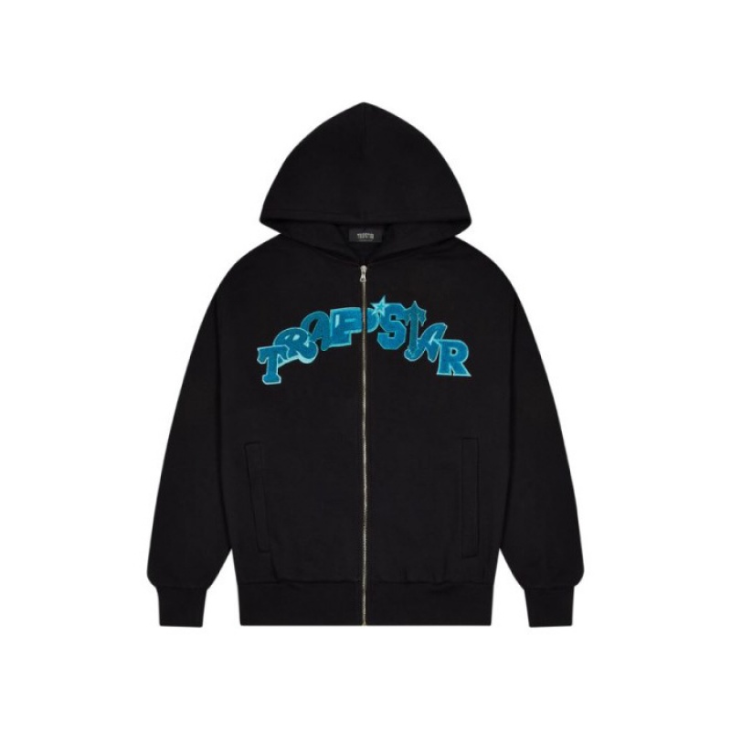 Férfi Trapstar Wildcard Chenille Hoodie Melegítő Fekete Türkiz | Hungary US40-678