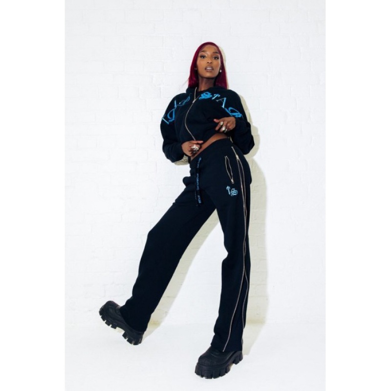 Női Trapstar Script Zip Leg Jogging Bottoms Nadrág Fekete Türkiz | Hungary IK93-432