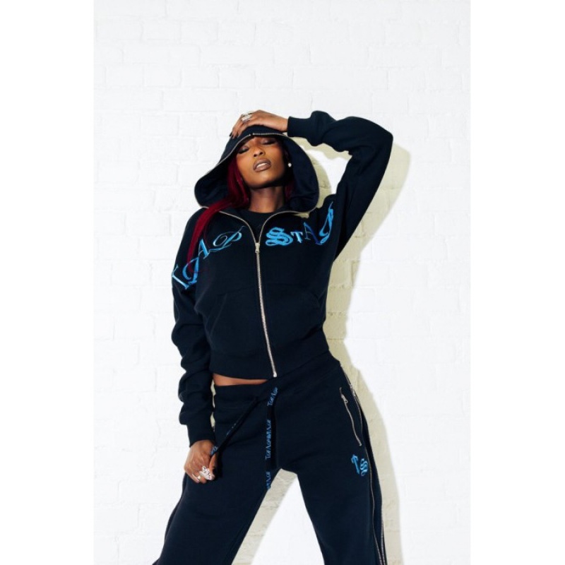 Női Trapstar Script Zip Leg Jogging Bottoms Nadrág Fekete Türkiz | Hungary IK93-432