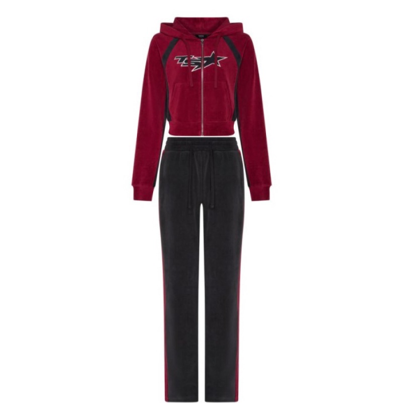 Női Trapstar TS-Star Contrast Panel Velour Hoodie Pulcsi Bordó | Hungary DT13-655