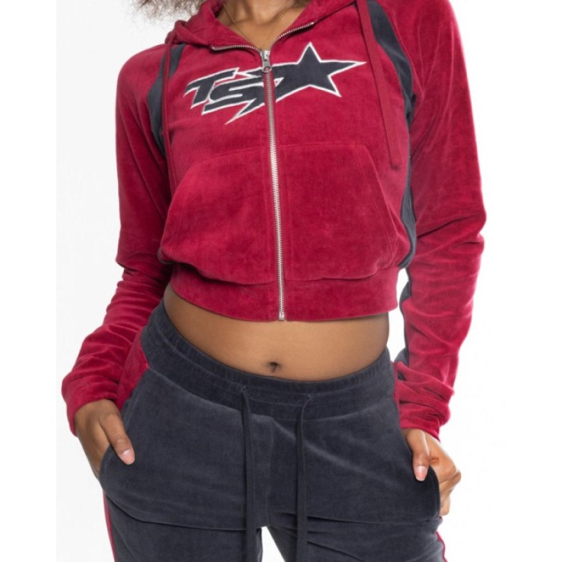 Női Trapstar TS-Star Contrast Panel Velour Hoodie Pulcsi Bordó | Hungary DT13-655
