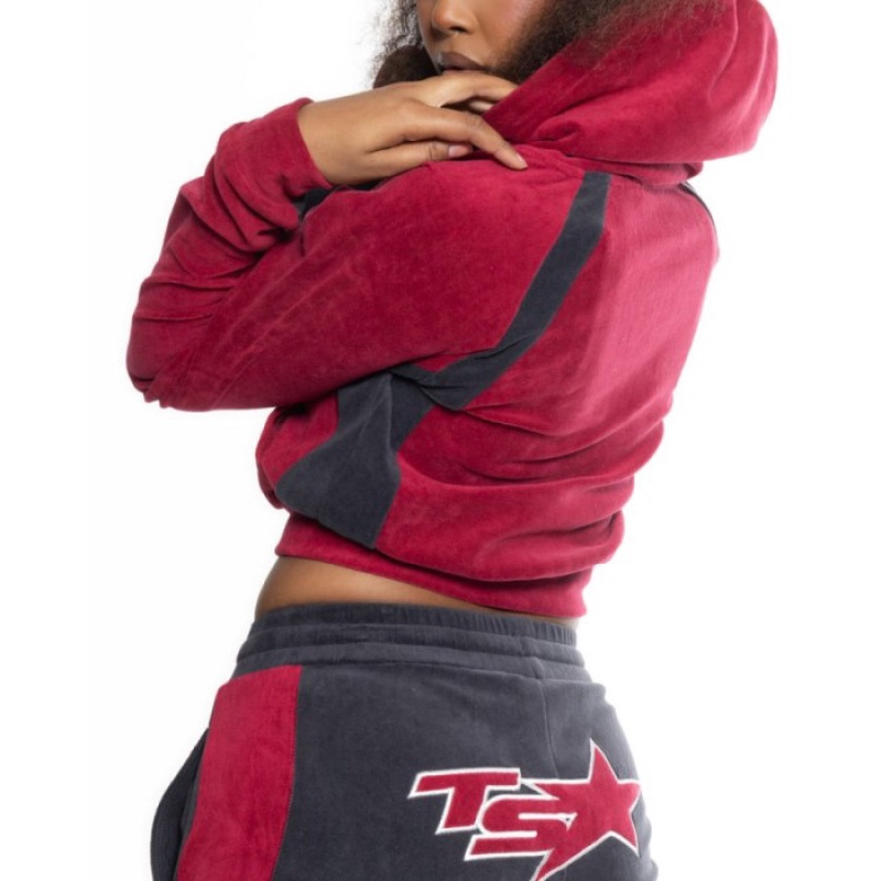 Női Trapstar TS-Star Contrast Panel Velour Hoodie Pulcsi Bordó | Hungary DT13-655