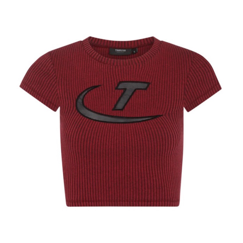 Női Trapstar Two Tone Rib Tee Felső Piros Fekete | Hungary QK21-488